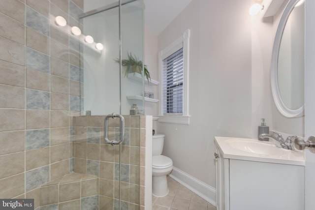 full bathroom with a shower stall, baseboards, toilet, tile patterned floors, and vanity