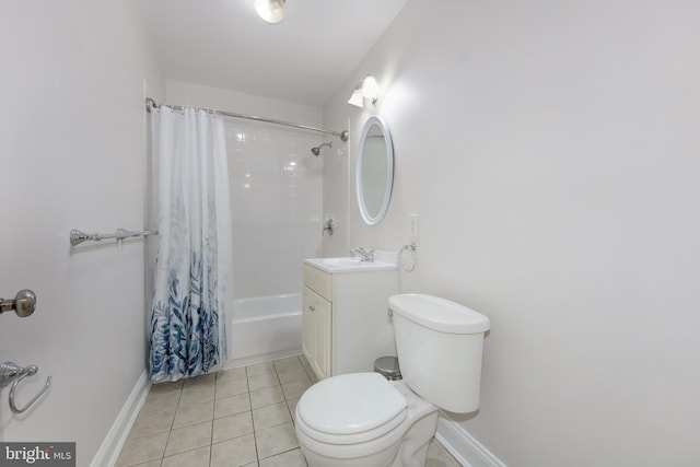 bathroom with vanity, shower / bathtub combination with curtain, baseboards, tile patterned flooring, and toilet