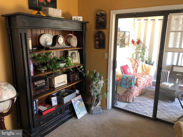 entryway with radiator and carpet floors