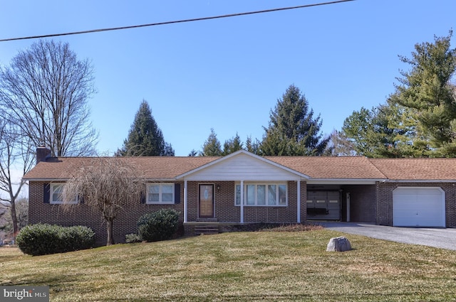 ranch-style house featuring aphalt driveway, a front yard, brick siding, and an attached garage