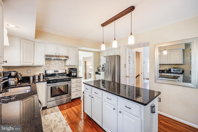 kitchen featuring under cabinet range hood, appliances with stainless steel finishes, hardwood / wood-style floors, and a sink