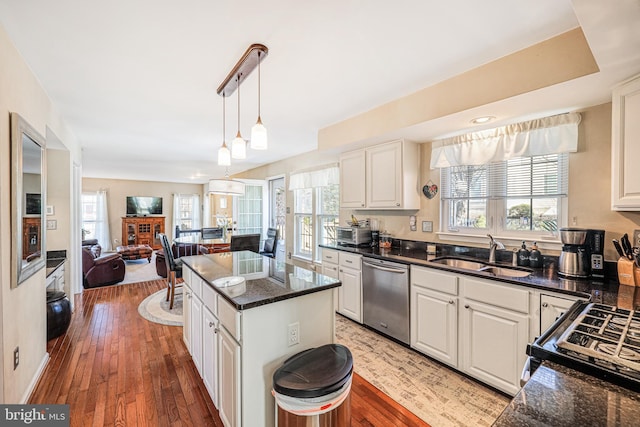 kitchen featuring hardwood / wood-style flooring, a sink, stainless steel dishwasher, open floor plan, and gas stove