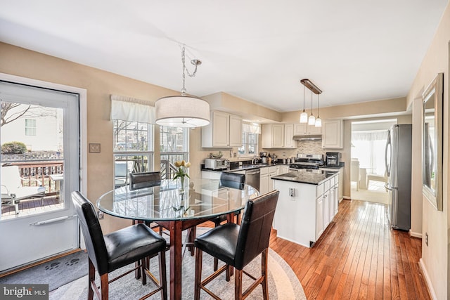 kitchen with dark countertops, light wood finished floors, a healthy amount of sunlight, a center island, and stainless steel appliances