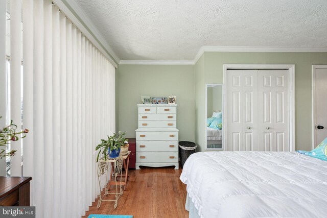 bedroom with ornamental molding, wood finished floors, multiple closets, and a textured ceiling