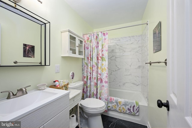 bathroom with vanity, toilet, and shower / tub combo with curtain