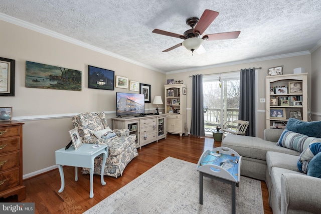 living room featuring beverage cooler, a textured ceiling, crown molding, ceiling fan, and dark wood-style flooring