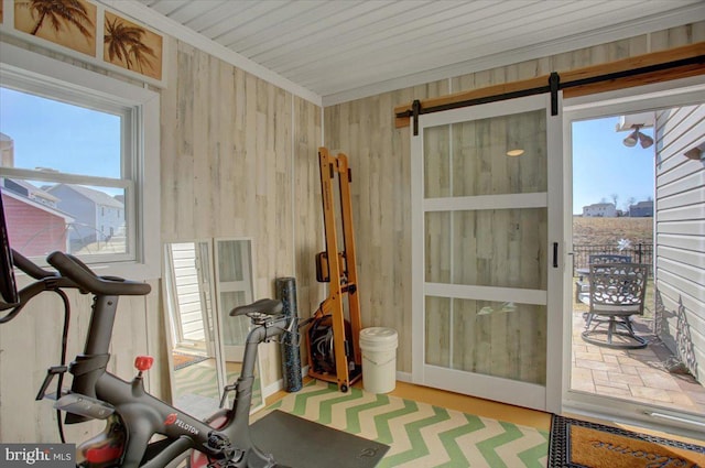 exercise room featuring a barn door, wooden walls, and ornamental molding