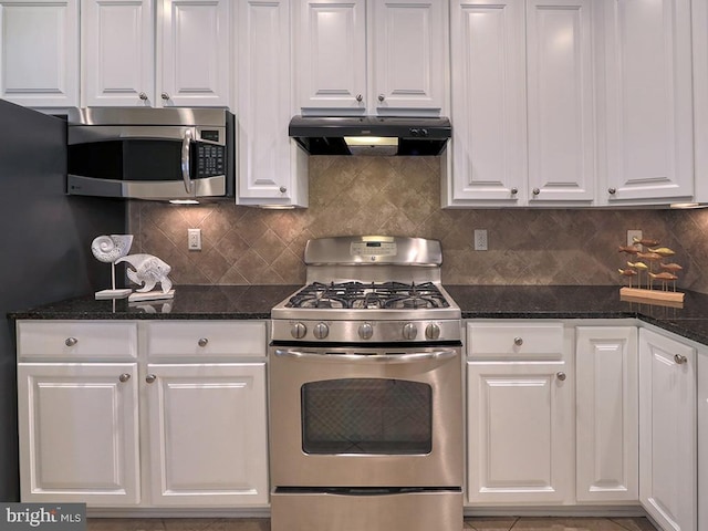 kitchen with white cabinetry, tasteful backsplash, under cabinet range hood, and stainless steel appliances