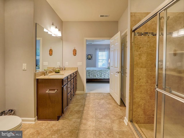 full bath with visible vents, toilet, a stall shower, and ensuite bathroom