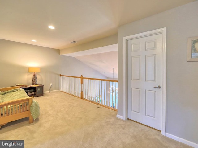 bedroom featuring recessed lighting, baseboards, carpet, and vaulted ceiling with beams