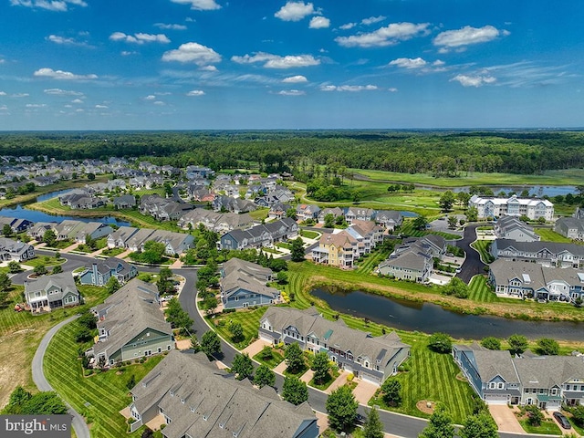 bird's eye view featuring a residential view and a water view