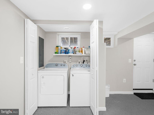 laundry area with baseboards, electric panel, laundry area, plenty of natural light, and independent washer and dryer