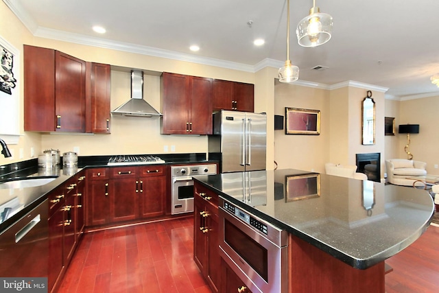 kitchen with a sink, dark wood-style floors, appliances with stainless steel finishes, wall chimney exhaust hood, and dark brown cabinets