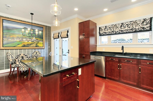 kitchen with a sink, dark brown cabinets, dishwasher, ornamental molding, and dark wood-style flooring