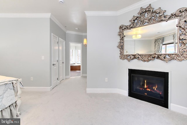 interior space with crown molding, baseboards, and carpet floors