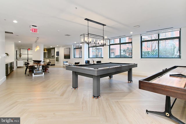 game room with recessed lighting, visible vents, baseboards, and pool table