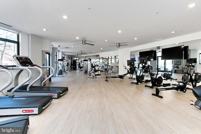 gym with visible vents, recessed lighting, light wood-style floors, and ceiling fan