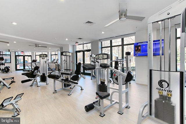 workout area featuring a wall of windows, visible vents, wood finished floors, and a ceiling fan