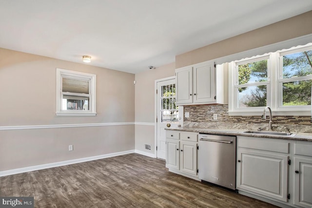 kitchen featuring backsplash, dishwasher, white cabinets, and a sink