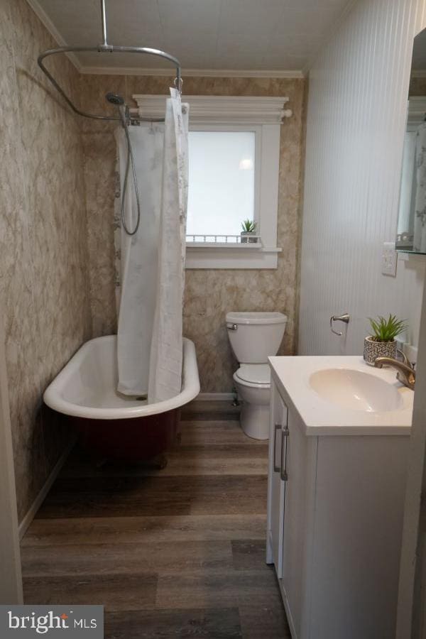 full bath featuring ornamental molding, vanity, toilet, and wood finished floors