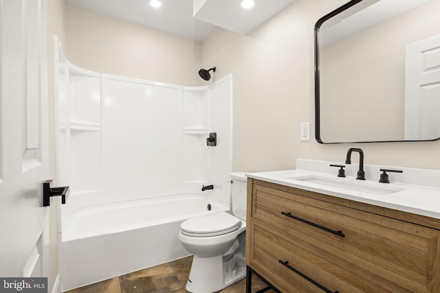 full bath featuring recessed lighting, washtub / shower combination, toilet, and vanity