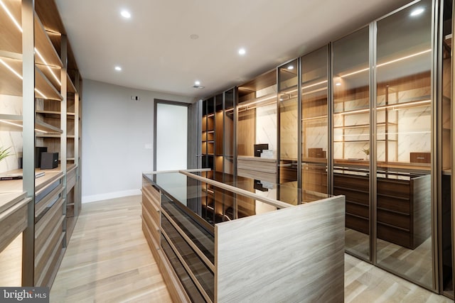 walk in closet with light wood finished floors