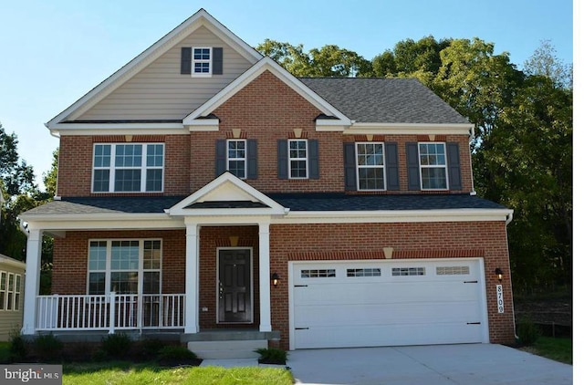 view of front facade featuring brick siding, a porch, driveway, and roof with shingles