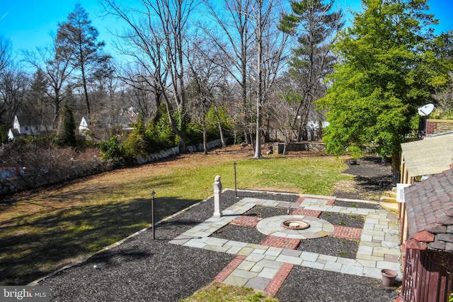 view of yard with a patio area and a fire pit