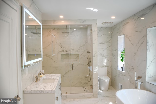 full bathroom featuring stone wall, toilet, and a marble finish shower