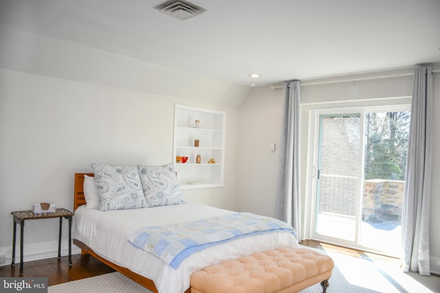 bedroom with visible vents, access to outside, wood finished floors, recessed lighting, and baseboards