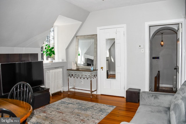 living area featuring vaulted ceiling, radiator heating unit, and wood finished floors