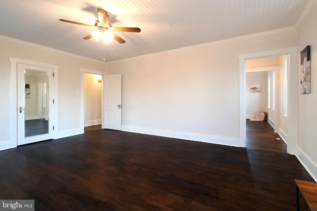 unfurnished room featuring baseboards, a ceiling fan, ornamental molding, and dark wood-style flooring