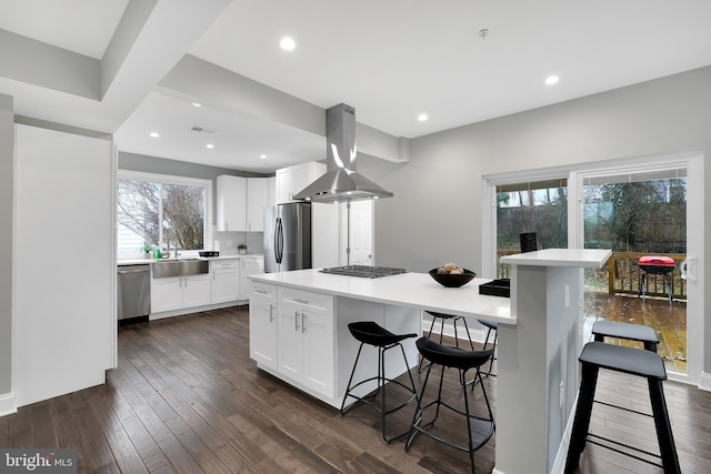 kitchen with dark wood finished floors, a kitchen bar, appliances with stainless steel finishes, island range hood, and a sink