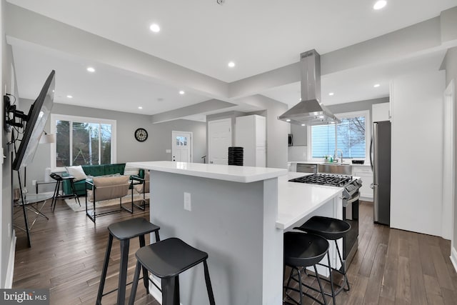 kitchen featuring a kitchen bar, island exhaust hood, dark wood finished floors, white cabinetry, and appliances with stainless steel finishes