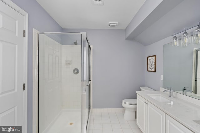 full bathroom featuring visible vents, a stall shower, a sink, tile patterned flooring, and toilet