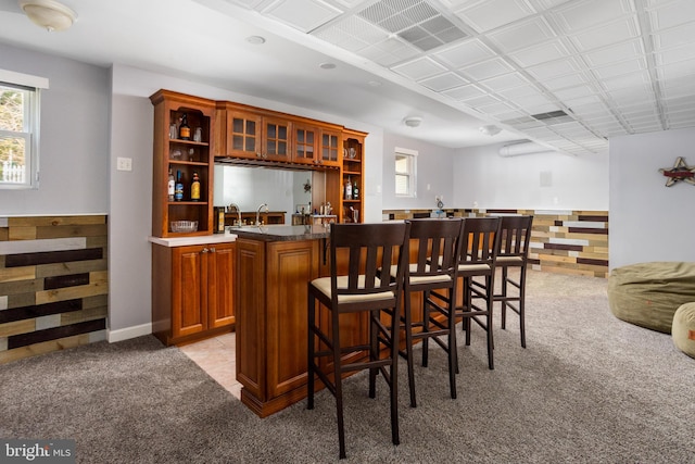 bar with indoor wet bar, a healthy amount of sunlight, and light carpet