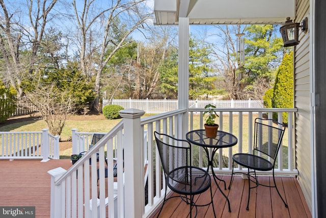 deck with a yard and a fenced backyard