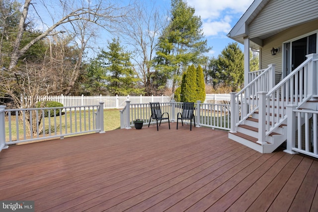 deck featuring a lawn and a fenced backyard