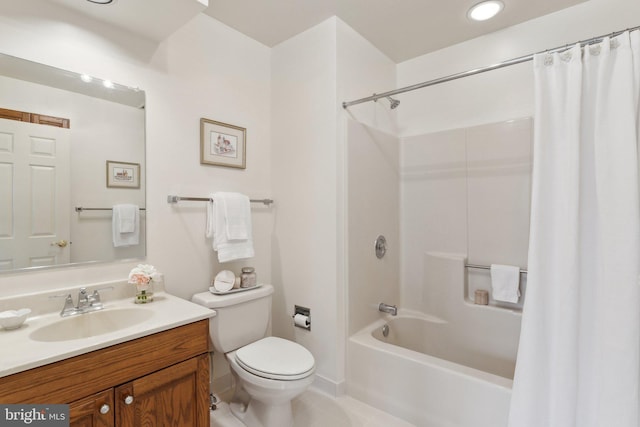 full bath featuring vanity, toilet, shower / bath combo, and tile patterned flooring