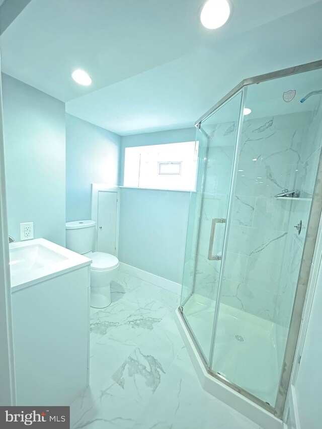 2869 Aramingo Ave, Philadelphia, PA 19134 - full bathroom with a marble finish shower, toilet, marble finish floor, and vanity