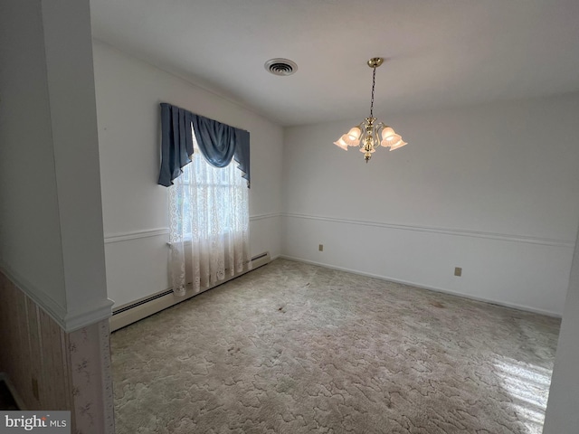 unfurnished dining area featuring a baseboard radiator, an inviting chandelier, carpet, and visible vents