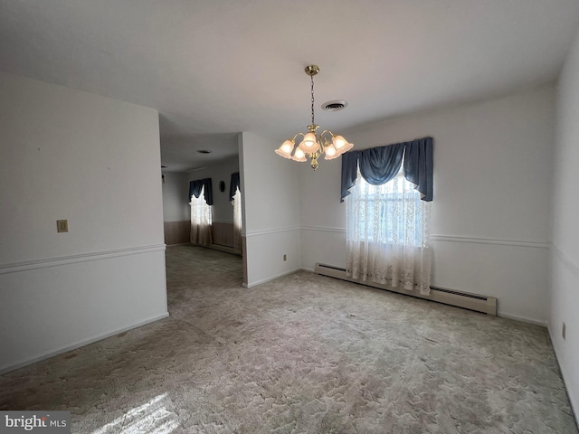 unfurnished dining area with baseboard heating, visible vents, an inviting chandelier, and carpet floors