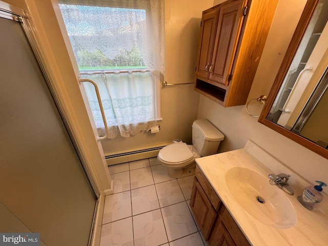 full bath with toilet, a shower stall, a baseboard heating unit, and vanity