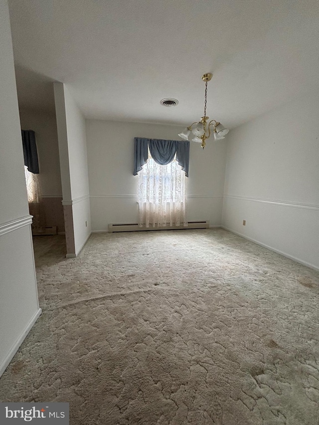 empty room featuring visible vents, a notable chandelier, a baseboard radiator, carpet, and baseboard heating