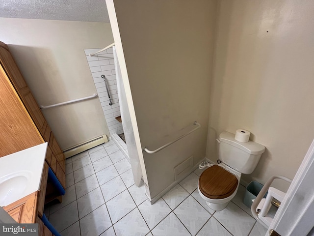 bathroom with toilet, a shower, a textured ceiling, baseboard heating, and tile patterned floors