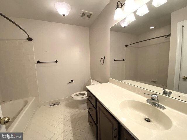 bathroom featuring visible vents, toilet, shower / washtub combination, tile patterned flooring, and vanity