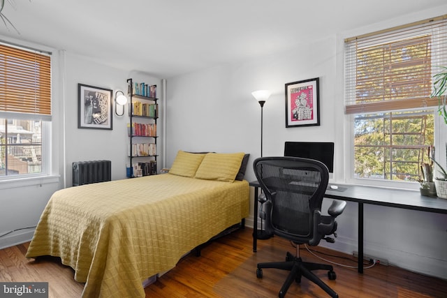 bedroom featuring multiple windows, wood finished floors, and radiator heating unit