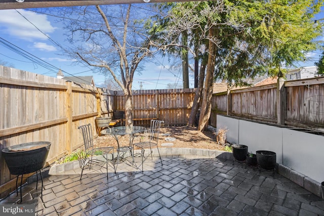 view of patio with outdoor dining space and a fenced backyard