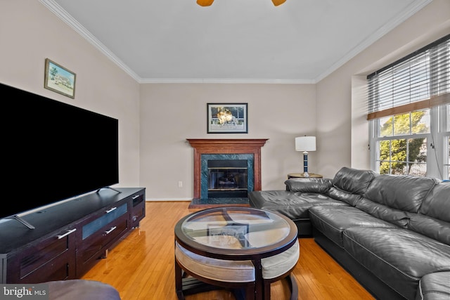 living room with a ceiling fan, ornamental molding, a fireplace, and light wood finished floors