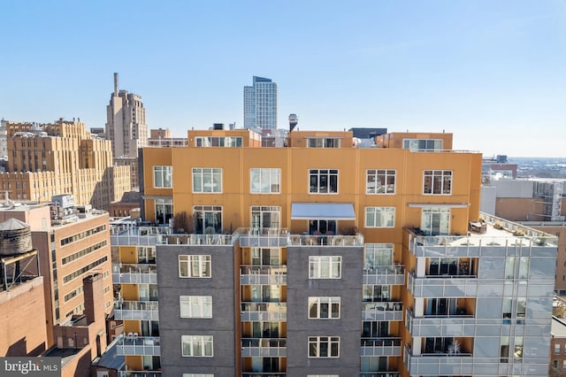 view of building exterior with a city view